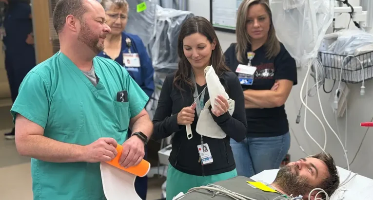 UNM trauma instructors lead a hands-on trauma assessment scenario with Artesia General Hospital emergency department staff during the Rural Trauma Team Development Course.