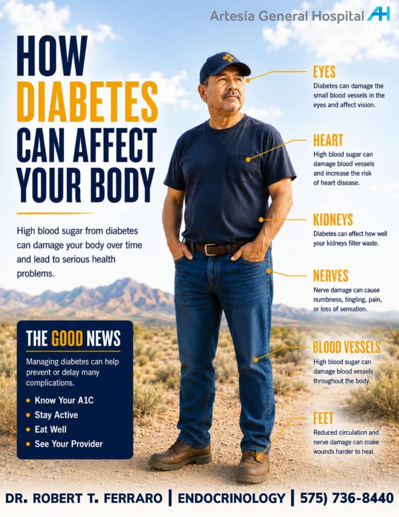 Educational poster from Artesia General Hospital titled "How Diabetes Can Affect Your Body," featuring endocrinology services by Dr. Robert T. Ferraro. The graphic illustrates how high blood sugar impacts the eyes, heart, kidneys, nerves, blood vessels, and feet, alongside management tips like staying active and knowing your A1C. Phone: 575-736-8440. Diabetes Care in Eddy County, NM