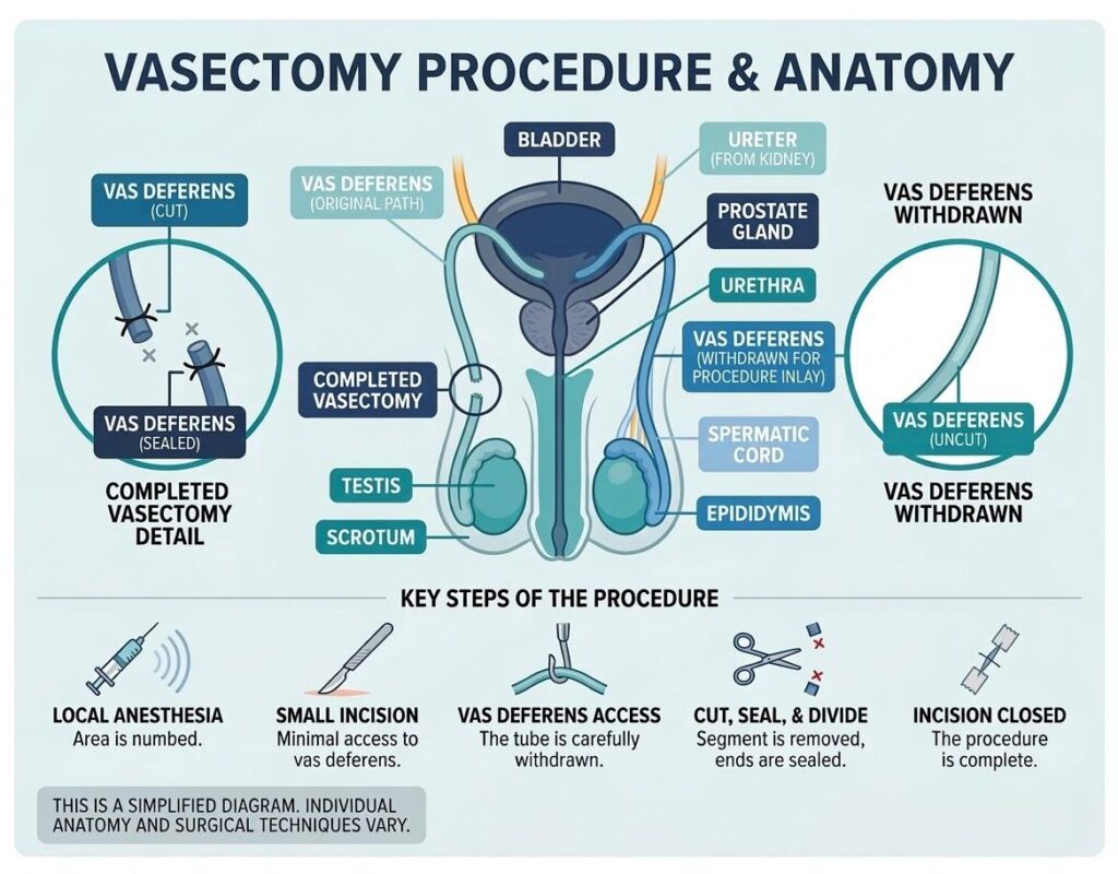 Medical infographic titled 'Understanding Vasectomy' from Artesia General Hospital. The graphic illustrates male reproductive anatomy including the bladder, prostate, and vas deferens. It outlines the surgical steps of a vasectomy—local anesthesia, small incision, and sealing of the tubes— for patients in Carlsbad and Artesia, NM.