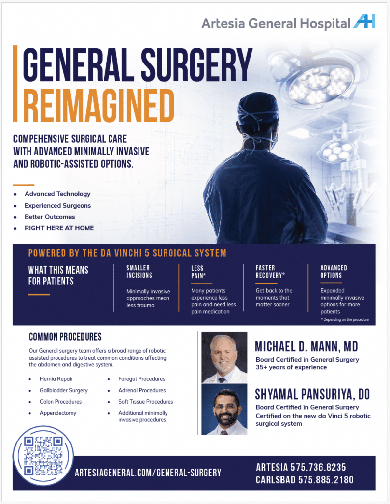 Promotional graphic titled "General Surgery Reimagined" by Artesia General Hospital. Features a surgeon in blue scrubs looking toward operating room equipment and details patient benefits of da Vinci 5 robotic surgery. Includes photos and credentials for Dr. Michael D. Mann, MD and Dr. Shyamal Pansuriya, DO, along with a list of common procedures, a QR code, and contact numbers for Artesia (575-736-8235) and Carlsbad (575-885-2180).