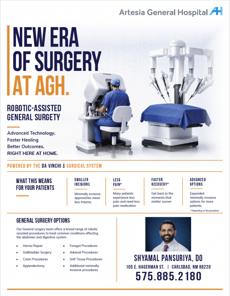 Promotional flyer titled "New Era of Surgery at AGH" showcasing robotic-assisted general surgery powered by the da Vinci 5 Surgical System. Highlights benefits including smaller incisions, less pain, and faster recovery. Includes a photo and contact info for Dr. Shyamal Pansuriya, DO, located at 105 E. Hagerman St., Carlsbad, NM (575-885-2180). Lists common procedures such as hernia repair, gallbladder, colon, appendectomy, foregut, adrenal, and soft tissue surgeries.