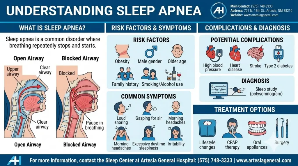 Medical infographic from Artesia General Hospital titled 'Understanding Sleep Apnea.' Sections include airway diagrams showing open vs. blocked breathing, risk factors like obesity and smoking, symptoms like loud snoring, and treatments including CPAP and oral appliances for patients in Artesia, Carlsbad and Roswell NM