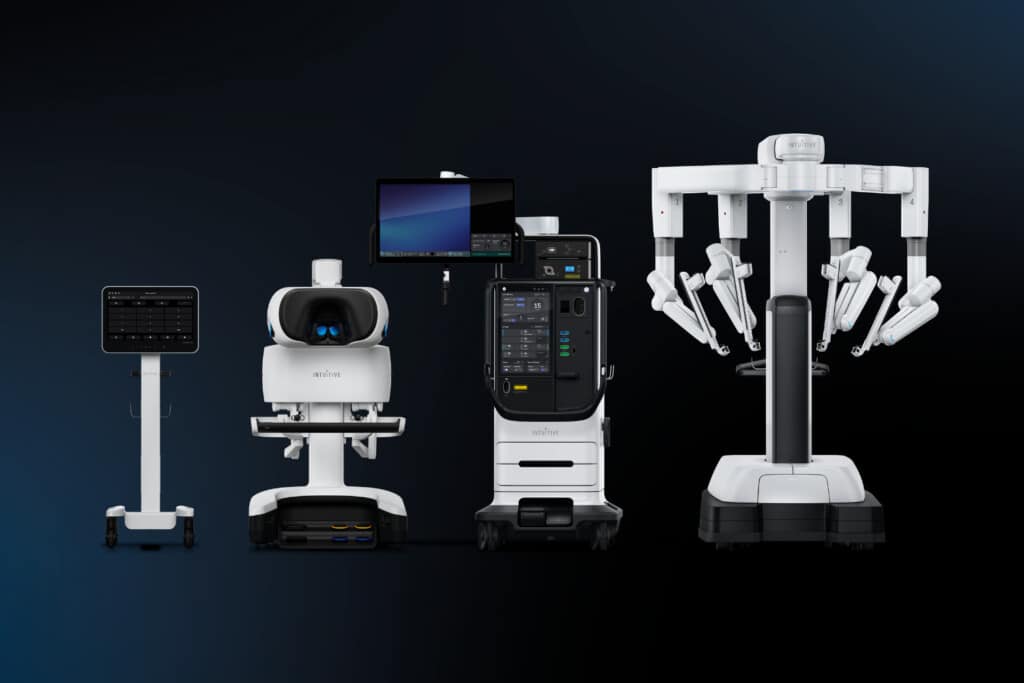 The da Vinci 5 robotic surgery system at Artesia General Hospital, featuring a surgeon control console with 3D high-definition display and multi-jointed robotic arm tower.